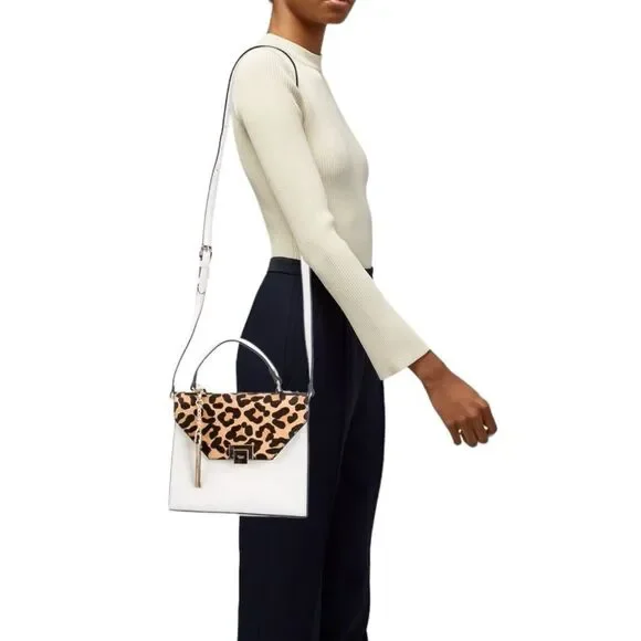 Dune London White Saffiano Leather Leopard Print Calf Hair Fur Trimmed Hand Bag - Picture 2 of 15
